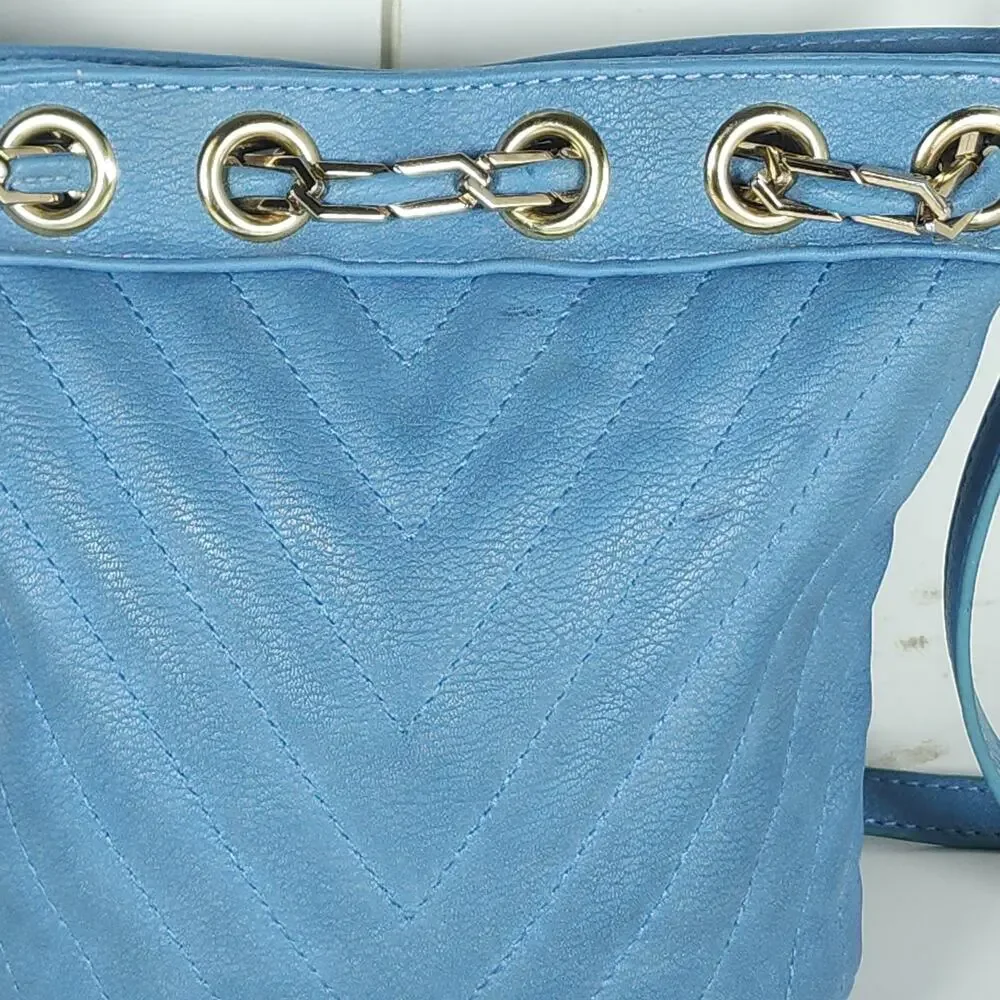 Free People Blue Faux Leather Gold Chain Drawstring Mini Bucket Bag Crossbody